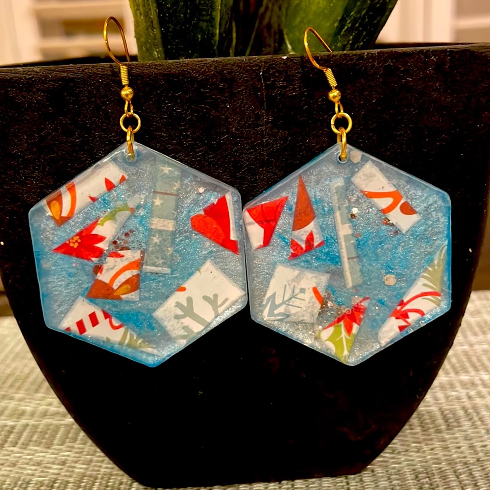 XMAS Handmade Festive Large Holiday Earrings Blue Hexagon